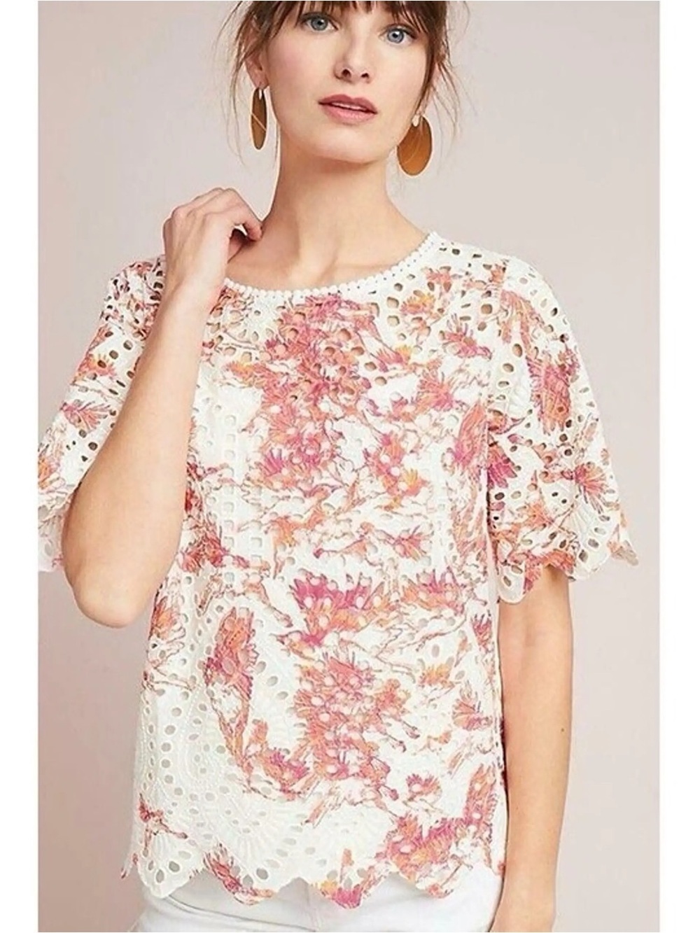 Anthropologie Porridge Arber Pink Orange eyelet lace blouse